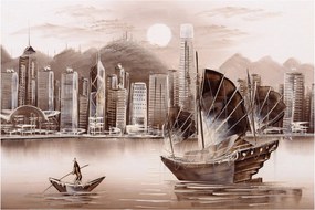 Kép - Victoria Harbour, Hong Kong, szépia hatás (90x60 cm)