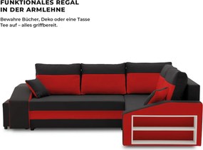 Grande sarokkanapé polcokkal és puffokkal , polc a jobb karfaban puffok a bal karfaban, jobboldali, szövet anyag, hab töltet, fekete - piros