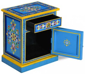 türkiz, kézzel festett, tömör mangófa éjjeliszekrény