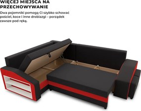 Grande sarokkanapé polcokkal és puffokkal , polc a bal karfaban puffok a jobb karfaban, baloldali, szövet anyag, hab töltet, fekete - piros