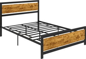 HOMCOM Egyszemélyes Ágykeret Fából és Acélból 147x208x103cm, Beépített Rácsokkal és Ipari Stílusú Fejtámlával, Fekete és Rusztikus Barna | Aosom