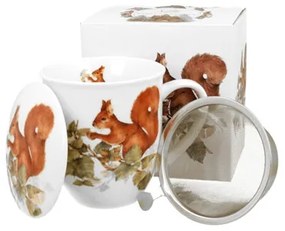 Porcelánbögre tetővel, fémszűrővel, 400ml, dobozban, Squirrel
