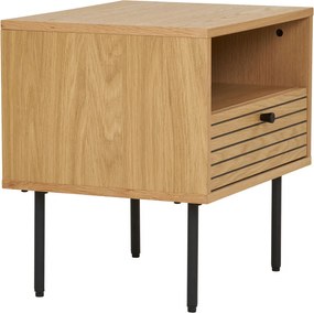 Kyoto lerakóasztal 1 fiókkal, tölgy furnér, natúr, fekete fém lábakkal, 50x40x50 cm