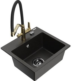 Mexen Milo egykamrás gránit mosogató Duo konyhai csapteleppel, fekete/arany metál - 6505-75-671701-57-B