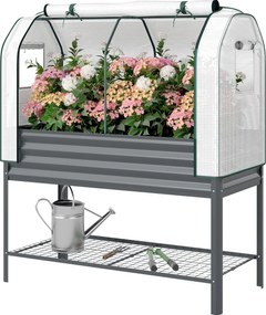 Outsunny emelt növénytartó PE üvegházfedéllel — Horganyzott emelt virágágyás 167 l, bélés és alsó polc, 120 x 55 x 140 cm | Aosom