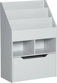 HOMCOM Gyermek Fa Polc 3 Rekesszel, 2 Kockával és Mobil Fiókkal 4 Kereken, Gyerek Könyvespolc Gyerekszobába és Játszószobába, 60x29,9x90 cm Szürke | A