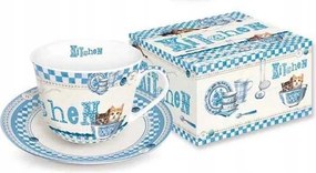 Porcelán Csésze Csészealj Blue Kitchen Cica