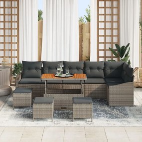 9 darabos kertiszófa szett párnákkal szürke poli rattan akáccal, 2 fős kertiszófa párnákkal szürke poli rattan, 3 darabos kertészeti étkező szett párnákkal szürke poli rattan akáccal