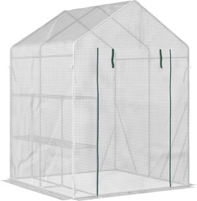 Outsunny Zöldház Walk-in Zöldház 4 Polccal Paradicsom Zöldház Cipzáras Ajtókkal Fehér Acél PE Műanyag 143 x 143 x 195 cm | Aosom