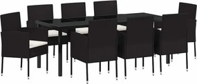 vidaXL Kert étkező szett párnával 9 pcs Fekete polirattan
