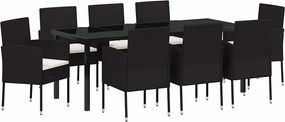 vidaXL Kert étkező szett párnával 9 pcs Fekete polirattan