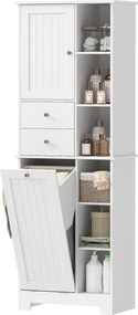 HOMCOM keskeny fürdőszobai szekrény, magas tároló kihúzható mosókosárral, 2 fiókkal és nyitott polcokkal – fehér, 60 x 28,8 x 171 cm | Aosom