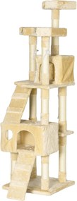 PawHut Macska Karcolófa Nagy 49x49x173 cm Több Szinttel, Barlangokkal, Lépcsőkkel, Lógó Játékokkal és Ágyakkal | Szizál Krém | Aosom