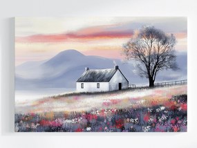 Vászonkép Canvas Vidéki Tájkép Hegyek Rét Virágok Fa Ház 120x80