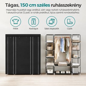 SONGMICS szövet gardróbszekrény 2 akasztórúddal és 12 tárolórésszel, 150 x 45 x 175 cm, fekete