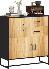 HOMCOM Modern Konyhai Buffetszekrény 3 Szekrénnyel és 2 Fiókkal, Többcélú Bútor Forgácslapból és Acélból, 80x35x85 cm, Fekete és Fa Szín | Aosom