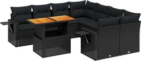 vidaXL 9 részes fekete polyrattan kerti ülőgarnitúra párnákkal