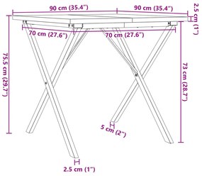 tömör fenyőfa és öntöttvas étkezőasztal X-vázzal 90x90x75,5 cm
