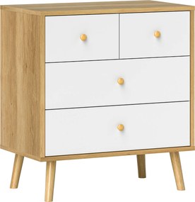 HOMCOM 4-fiókos Fiókos Szekrény Fa Fogantyúkkal, Keskeny Fiókos Szekrény Nappali Előszobához 60x35x65 cm Tölgy és Fehér | Aosom