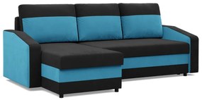 Hewlet sarokkanapé, 2 ágyneműtartóval, szövet anyag, univerzális oldal, bonell töltet, fekete - kék