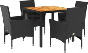 vidaXL 5részes fekete polyrattan/akácfa kerti étkezőgarnitúra párnákkal