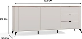 CORDOBA 2D3S komód 183x43x11.5 cm, kasmír, fekete lábakkal, tölgy fedlappal