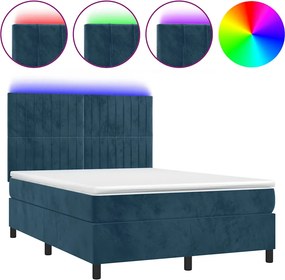 vidaXL sötétkék bársony rugós és LED-es ágy matraccal 140x190 cm