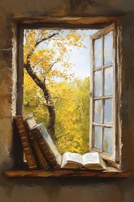 Canvas Vászonkép Könyvablak Ősz Kilátás Fa Nosztalgia 40x60