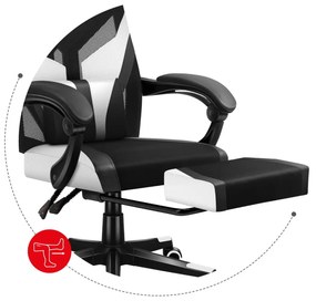 Gamer szék ergonomikus lábtartóval, fekvőtámasz , fekete-fehér.
