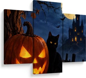 Kép - Fekete macska egy világító halloweeni tök mellett (90x60 cm)