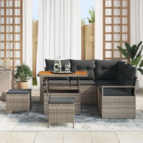 8 részes Kerti Kanapé Szett Párnákkal Szürke Poly Rattan Akácia