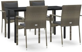 vidaXL 5 részes fekete és szürke polyrattan kerti étkezőszett párnával