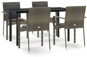 vidaXL 5 részes fekete és szürke polyrattan kerti étkezőszett párnával