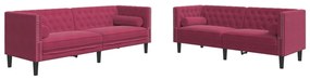 2 részes bordó bársony Chesterfield kanapészett hengerpárnákkal