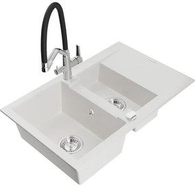 Mexen Gaspar 1,5 kamrás gránit mosogató csepegtetővel és Duo konyhai csapteleppel, fehér - 6507-20-671701-07