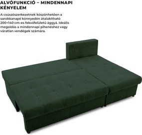 Venezia sarokkanapé, kordbársony, univerzális oldal, bonell töltet, zöld