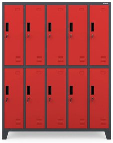 10 rekeszes öltözőszekrény lábakon BARTEK, 1360 x 1720 x 450 mm, antracit-piros