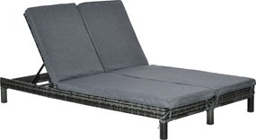 Outsunny Poly Rattan Kétfős Napozóágy - Luxuskategóriás Kert Napozóágy 5-Fokozatú Támlával - Fémből készült PE Rattan Szürke 196 x 120 x 28 cm | Aosom
