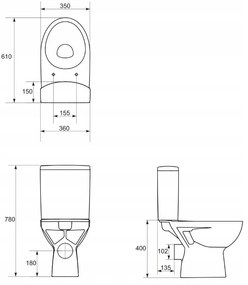 Cersanit Parva, kombi WC vízszintes lefolyóval, oldalsó vízbevezetéssel és öblítéssel 3 / 6L + doruplast antibakteriális ülőke lassú zárással, fehér,…