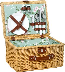 Outsunny Rattan Piknik Kosár 2 Személyre Fogantyúval, Tányérokkal, Poharakkal, Dugóhúzóval, Szalvétákkal és Evőeszközökkel, 40x30x20 cm, Világos Barna