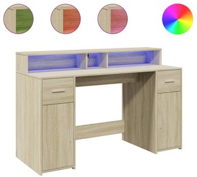 sonoma tölgy színű szerelt fa íróasztal LED-ekkel 140x55x91 cm