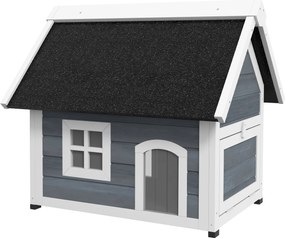 PawHut Kültéri Macska Háza - Fa Macska Barlang, Hajtható Aszfalt Tetővel, Időjárásálló Macska Kunyhó Ablakkal, 3 Ajtóval, 77 x 57.5 x 68 cm, Szürke |