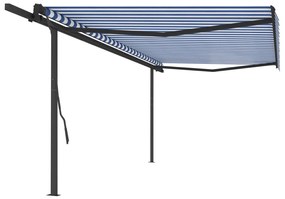 Kék és fehér automata napellenző póznákkal 5 x 3,5 m