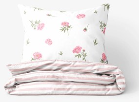 Goldea pamut ágyneműhuzat - pünkösdi rózsamintás, púderrózsaszín csíkos hátoldal 240 x 220 és 2db 70 x 90 cm