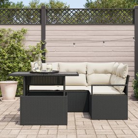 5 Darabos Kert Sofa Szett Párnákkal Fekete Poli Rattan, 2-Személyes Kert Sofa Tárolóval és Párnákkal Fekete Poli Rattan