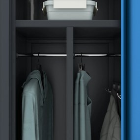 Pléh öltözőszekrény talpazaton, kétmodulos, polccal és köztes fallal KACPER, 800 x 1800 x 500 mm, antracit-kék