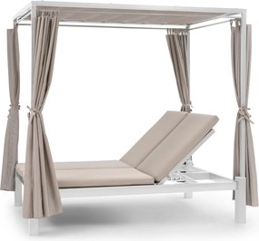 Blumfeldt Eremitage Double Sunbed, kétszemélyes napozóágy, acélkeret függyönyök krémszínű, napellenző tető, krém