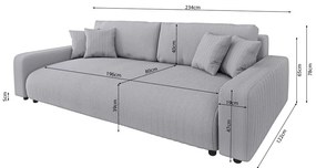 Világosszürke kordbársony kinyitható tárolóhelyes kanapé 234 cm Sara – Ropez