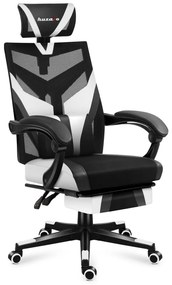 Gamer szék ergonomikus lábtartóval, fekvőtámasz , fekete-fehér.