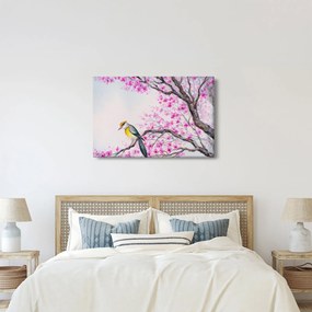 Kép - Madár egy fán rózsaszín virágokkal (90x60 cm)